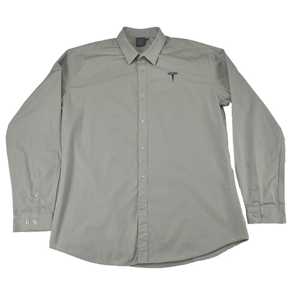 Tesla Motors Mens XL Gray Long Sleeve Button Up Shirt Embroidered Logo Workwear